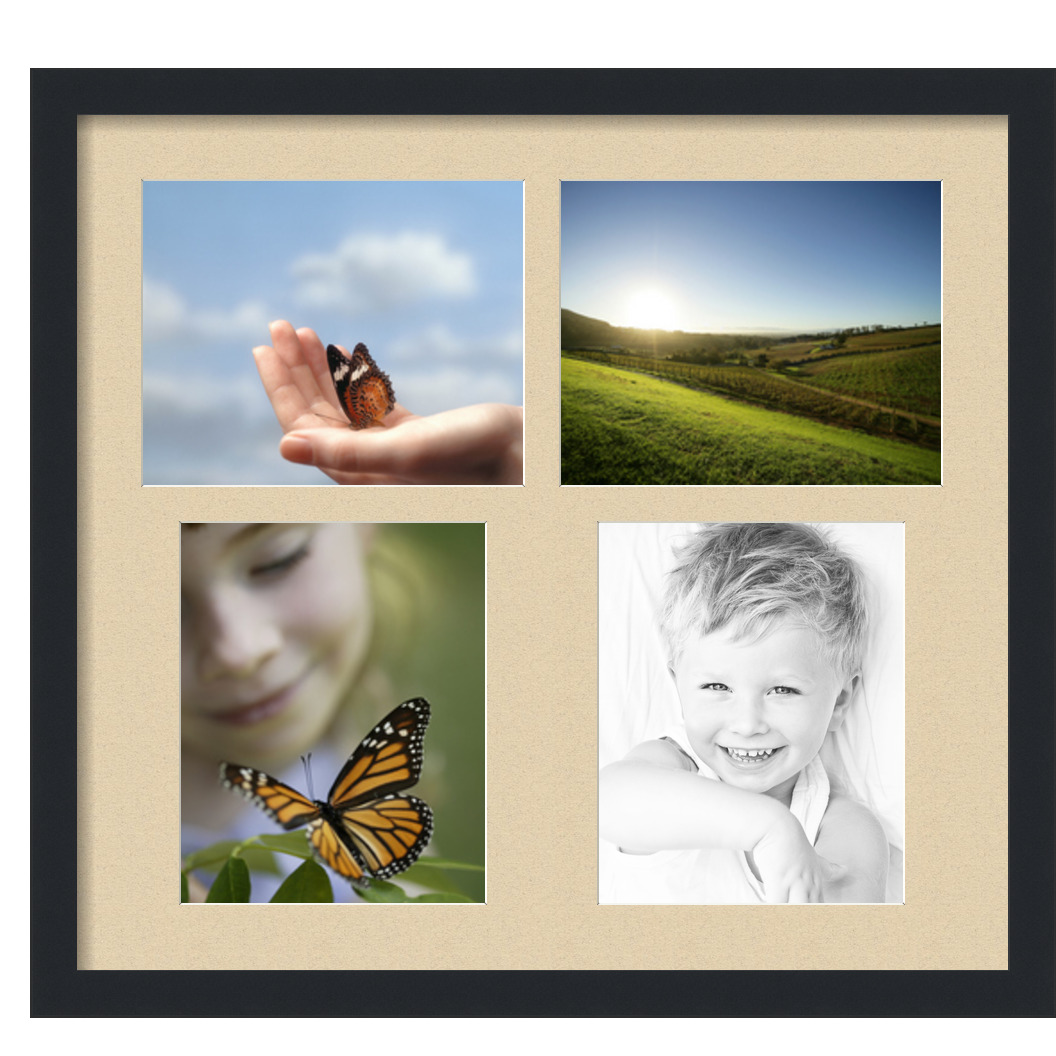 Collage Picture Frame, Satin Black Frame with 4 openings for 8x10 photos with Grey Seaside Mat. D3926GH133, ArtToframes