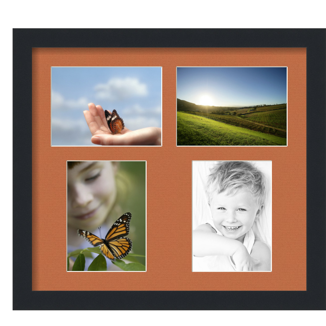 Collage Picture Frame, Satin Black Frame with 4 openings for 5x7 photos with Red Orange Mat. D3926DB134, ArtToframes