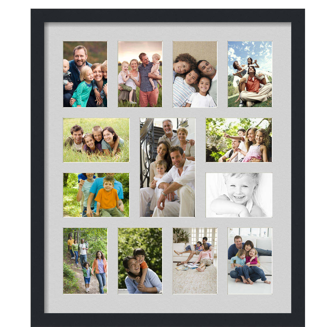 Collage Picture Frame, Satin Black Frame with 13 openings for 4x6 photos with Grey Candlewick Mat. D3926EP1379, ArtToframes
