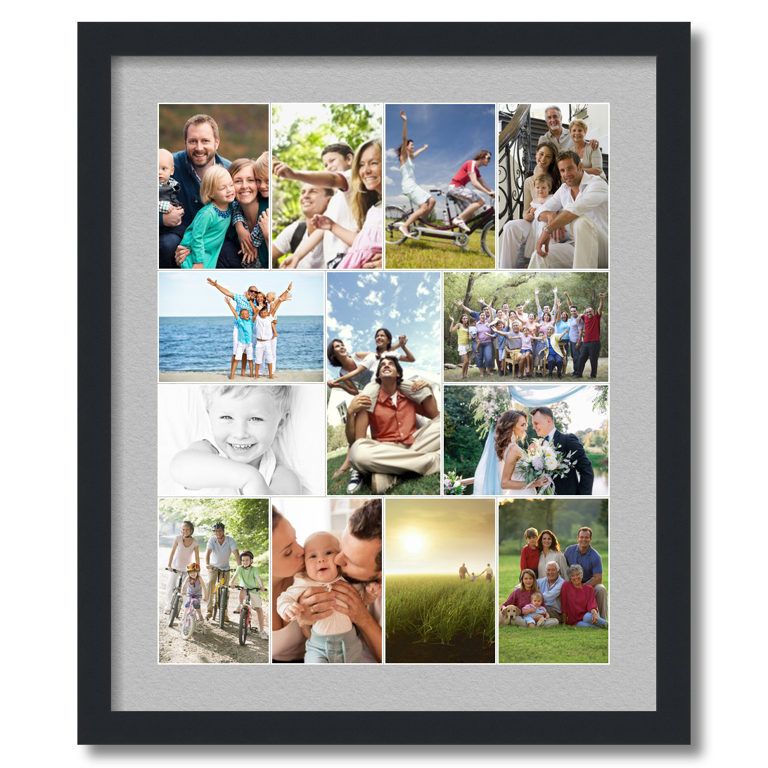 Collage Picture Frame, Satin Black Frame with 13 openings for 4x6 photos with TV Grey Mat. D3926ET1381, ArtToframes