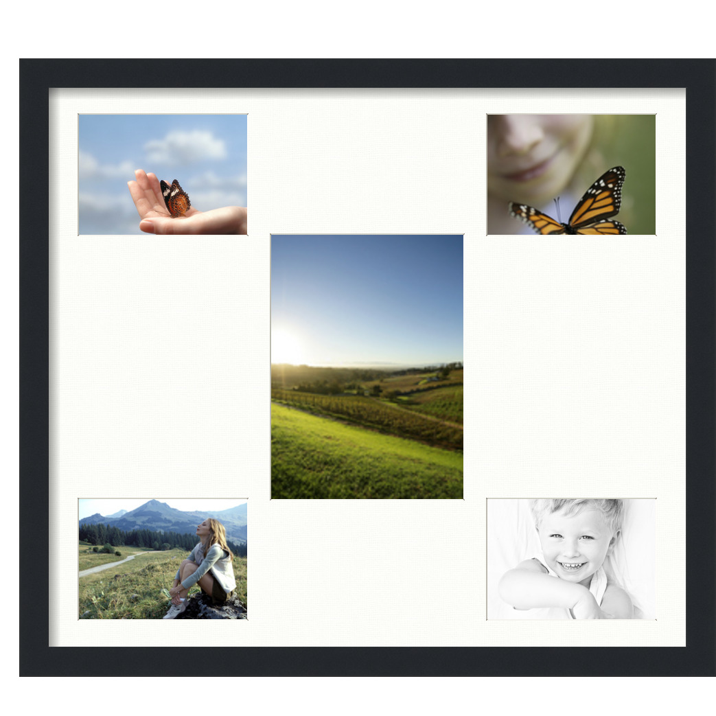 Collage Picture Frame, Satin Black Frame with 5 openings for 8x11 photos with Fabric White Mat. D3926EK1382, ArtToframes