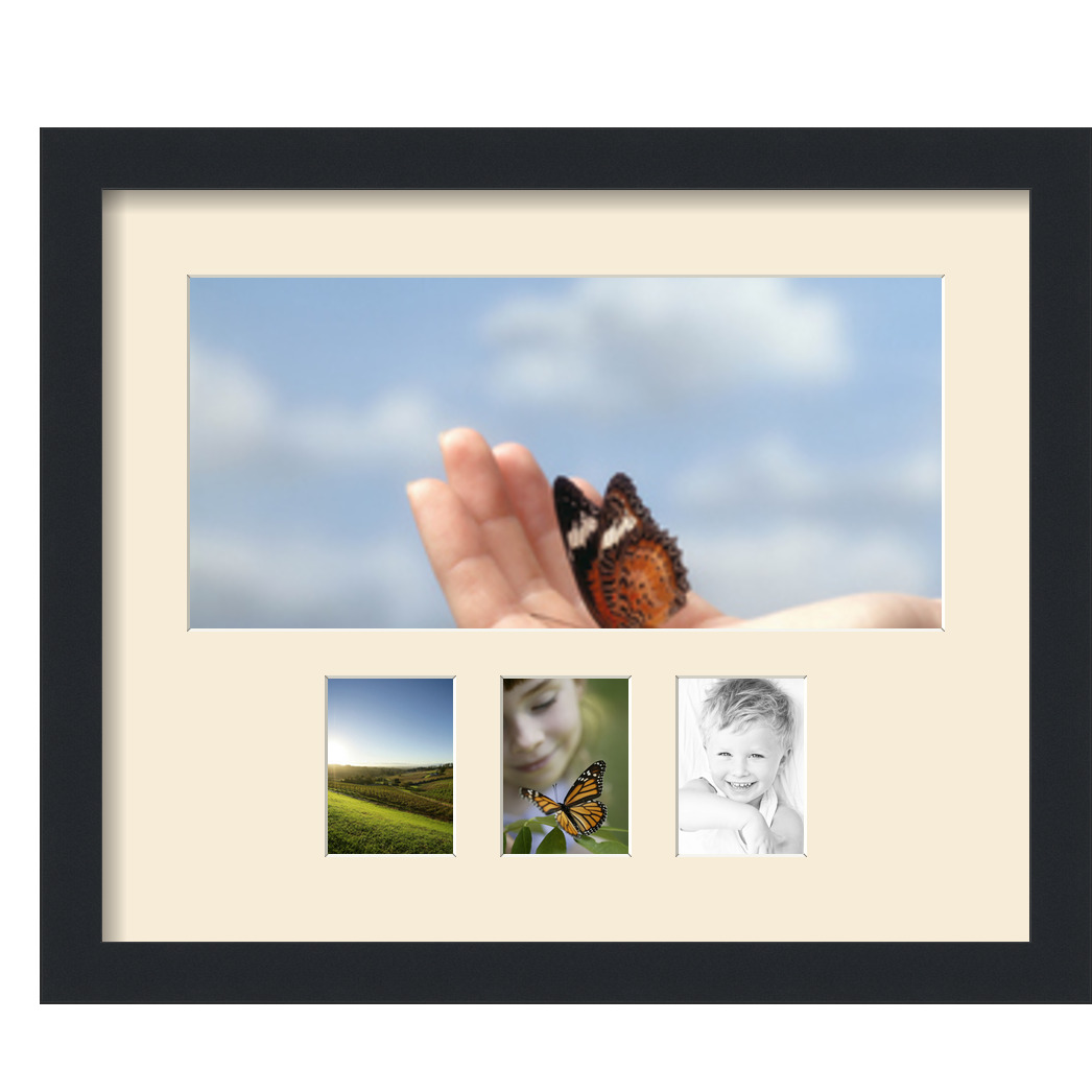 Collage Picture Frame, Satin Black Frame with 4 openings for 7x15 photos with White Ivory Mat. D3926FY1391, ArtToframes