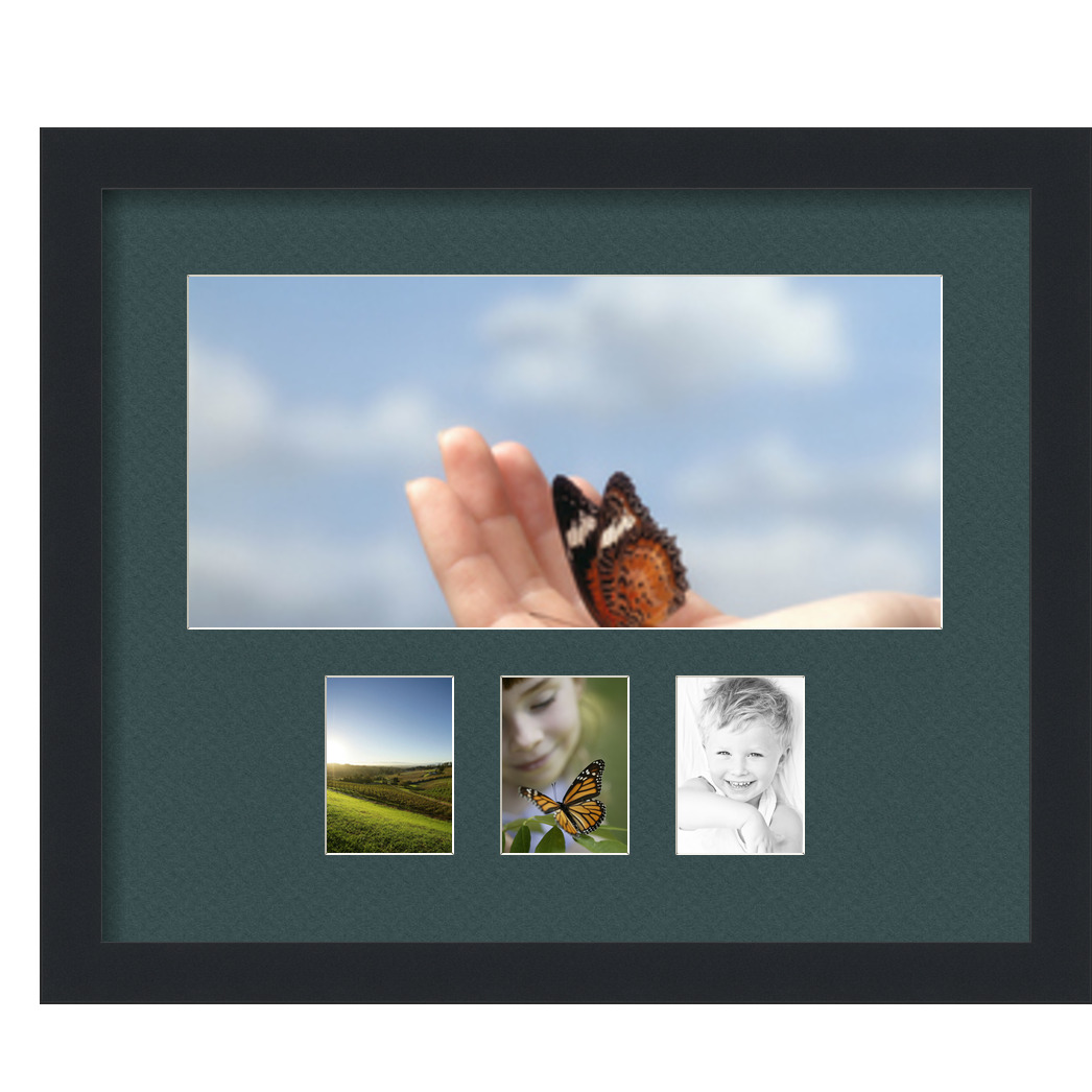Collage Picture Frame, Satin Black Frame with 4 openings for 7x15 photos with Green Evergreen Mat. D3926HF1391, ArtToframes