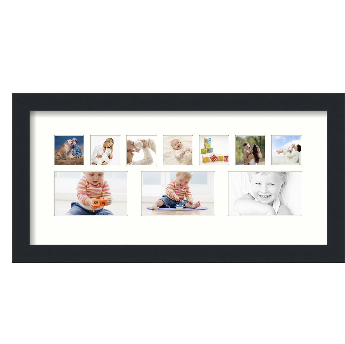 Collage Picture Frame, Satin Black Frame with 10 openings for 2x2 photos with White Light Cream Mat. D3926IJ1395, ArtToframes
