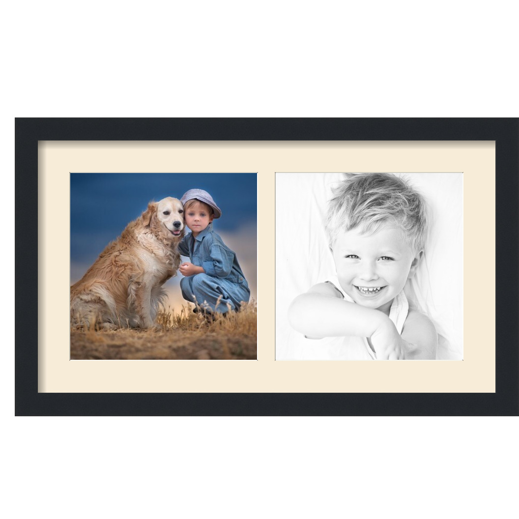Collage Picture Frame, Satin Black Frame with 2 openings for 10x10 photos with White Ivory Mat. D3926FY1412, ArtToframes