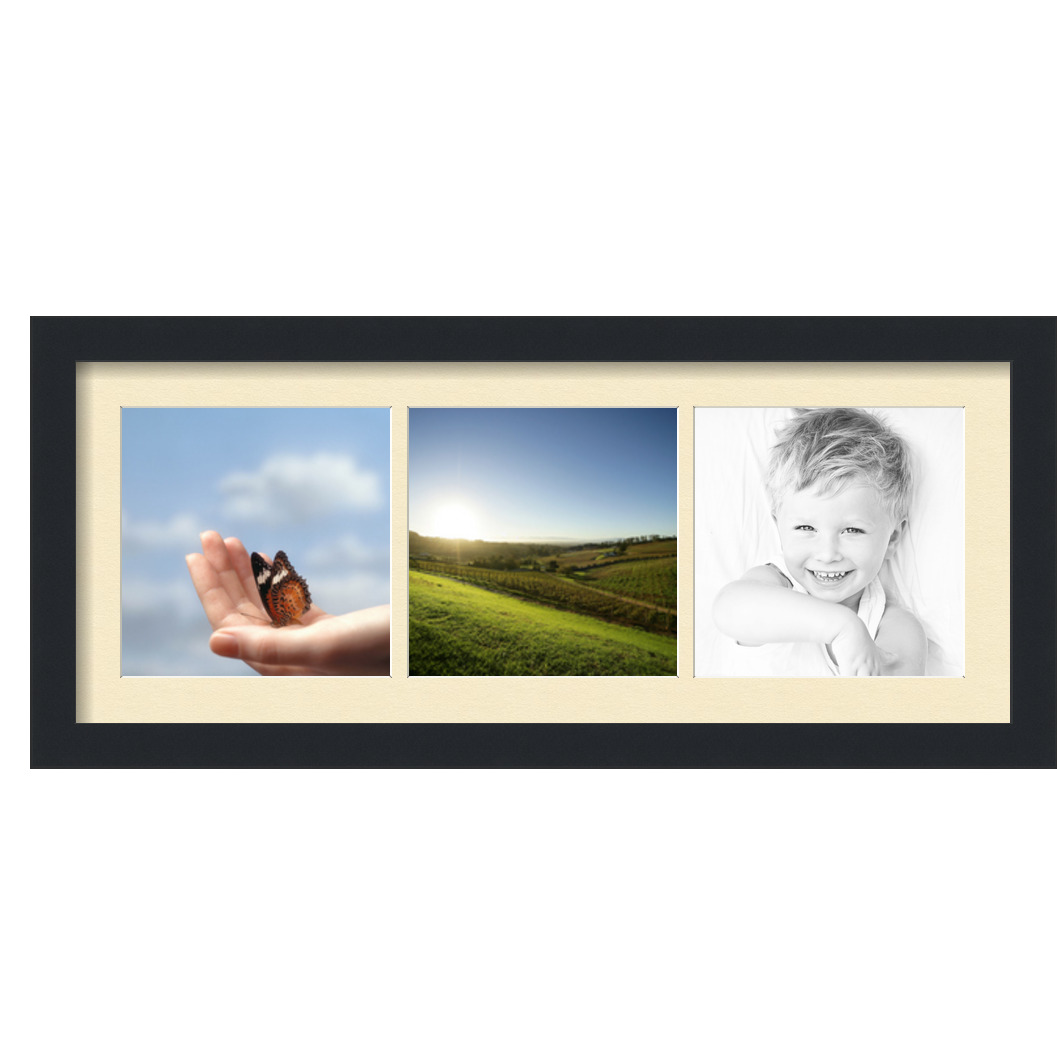 Collage Picture Frame, Satin Black Frame with 3 openings for 7.25x7.25 photos with Ivory Cream Mat. D3926GA1426, ArtToframes