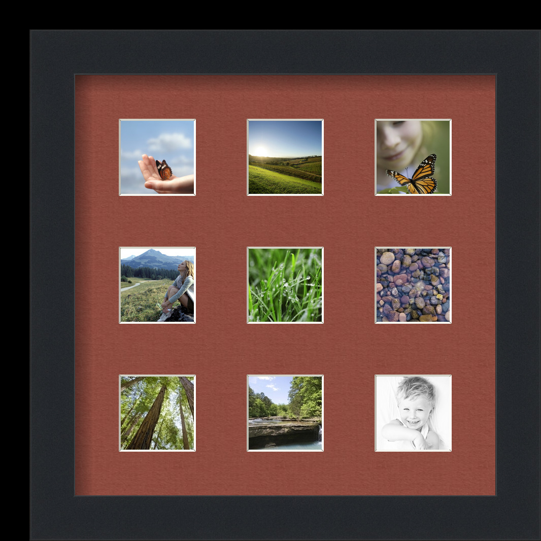 Collage Picture Frame, Satin Black Frame with 9 openings for 2x2 photos with Brown Cognac Mat. D3926DK1428, ArtToframes