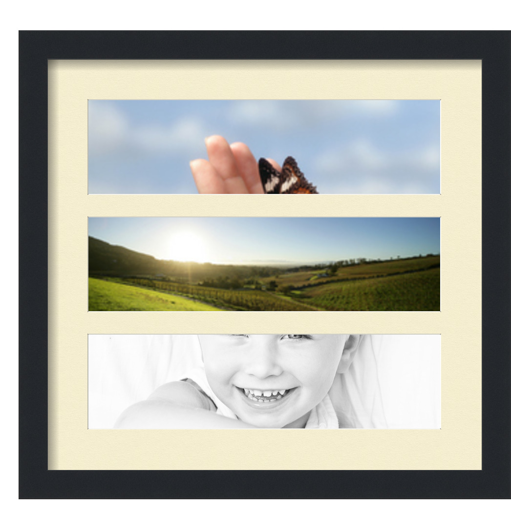Collage Picture Frame, Satin Black Frame with 3 openings for 4x15 photos with Ivory Oyster Mat. D3926GC1441, ArtToframes
