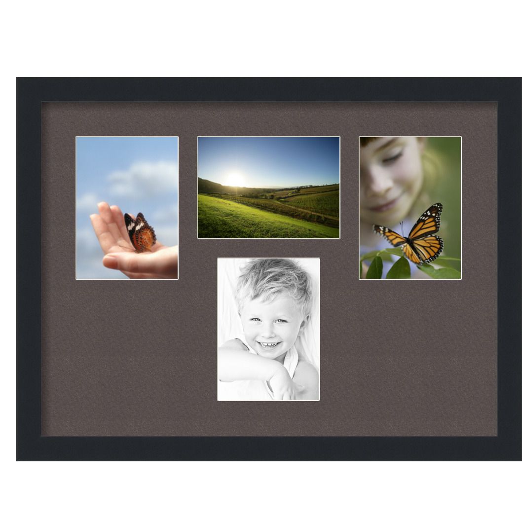 Collage Picture Frame, Satin Black Frame with 4 openings for 5x7 photos with Brown Chestnut Mat. D3926EH151, ArtToframes