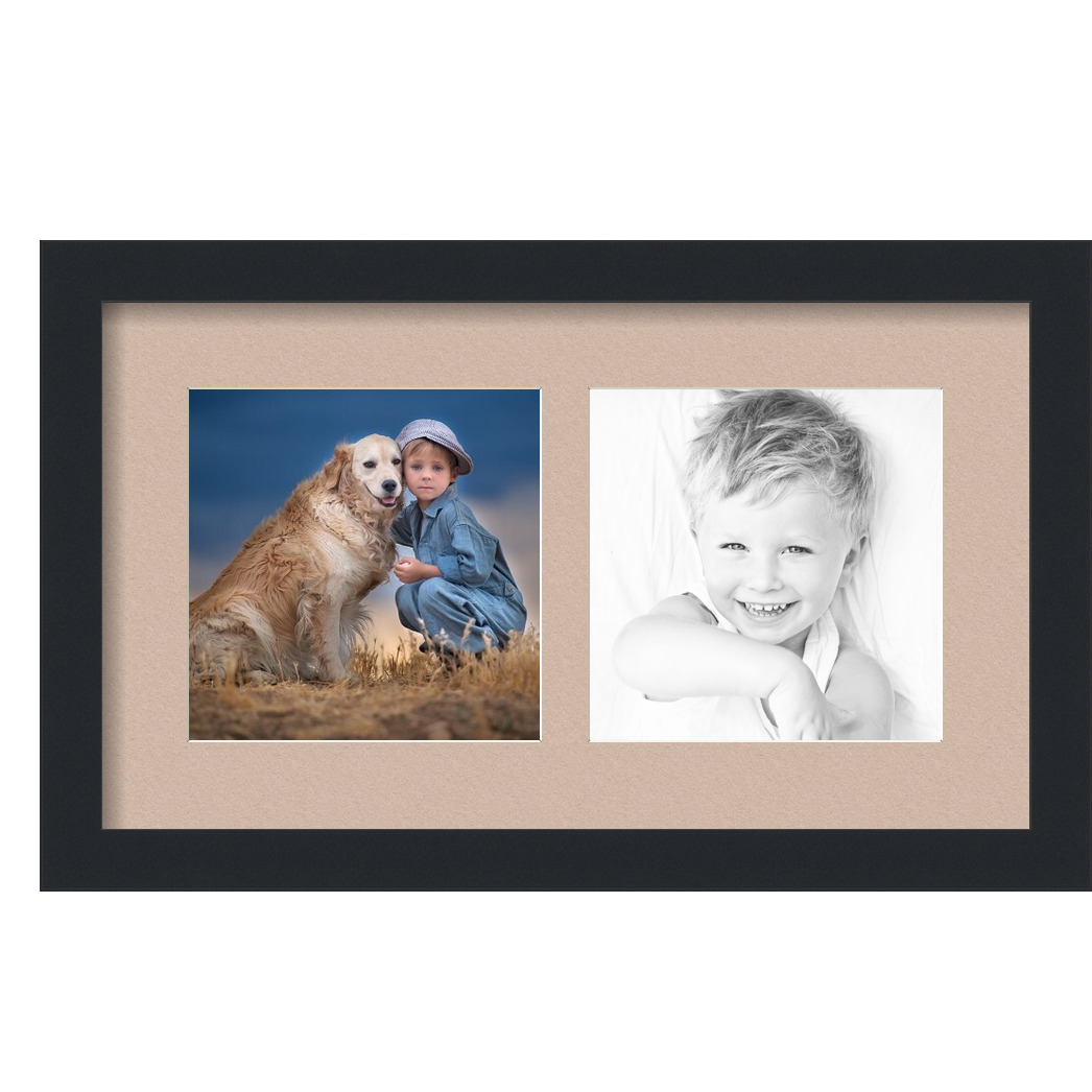 Collage Picture Frame, Satin Black Frame with 2 openings for 7x7 photos with Grey Beige Mat. D3926DV1526, ArtToframes
