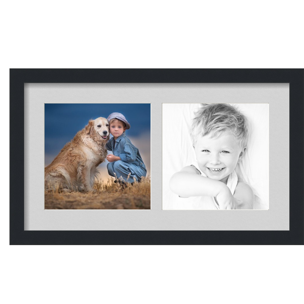 Collage Picture Frame, Satin Black Frame with 2 openings for 9x9 photos with Grey Candlewick Mat. D3926EP1527, ArtToframes