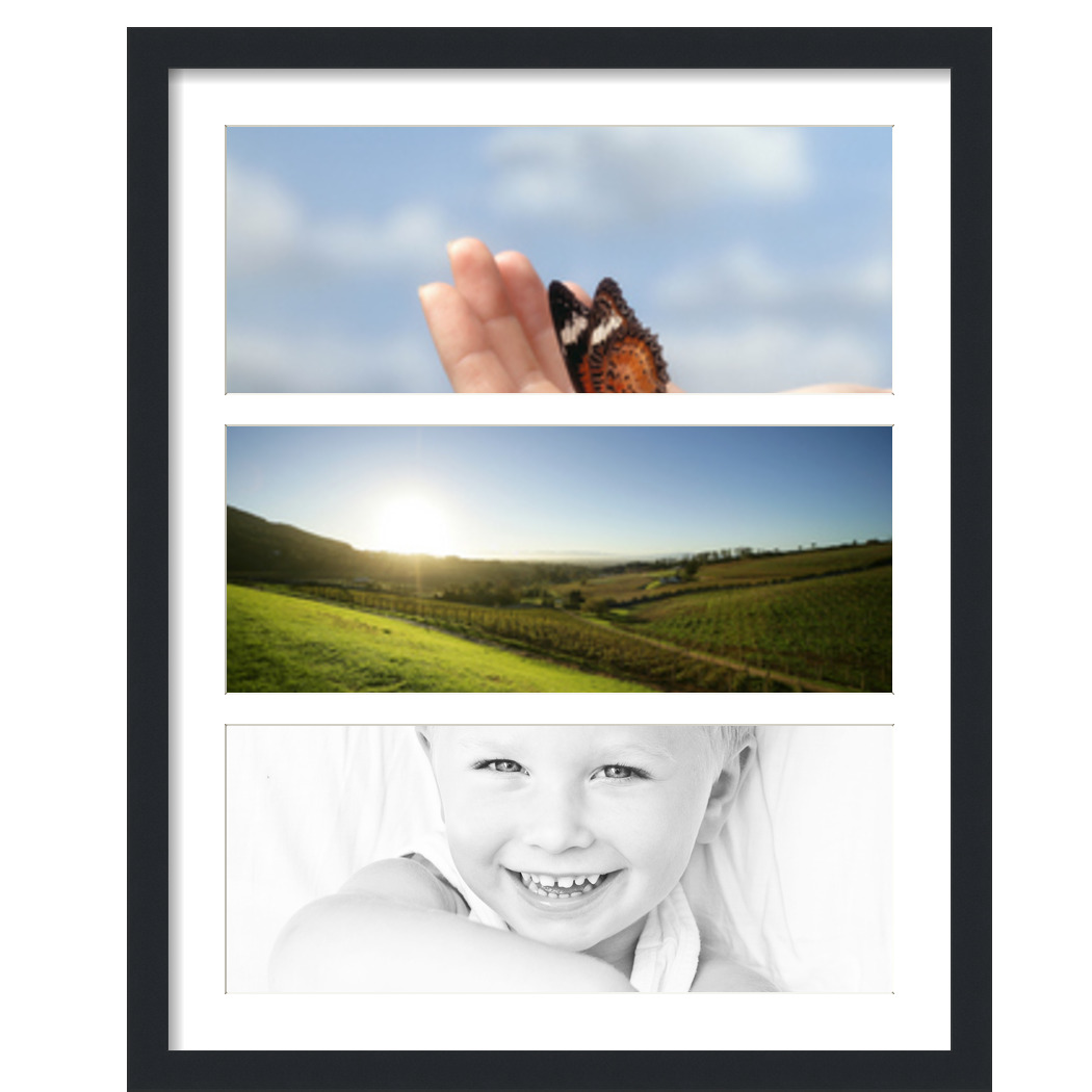 Collage Picture Frame, Satin Black Frame with 3 openings for 8x20 photos with White Crisp Mat. D3926IK1583, ArtToframes