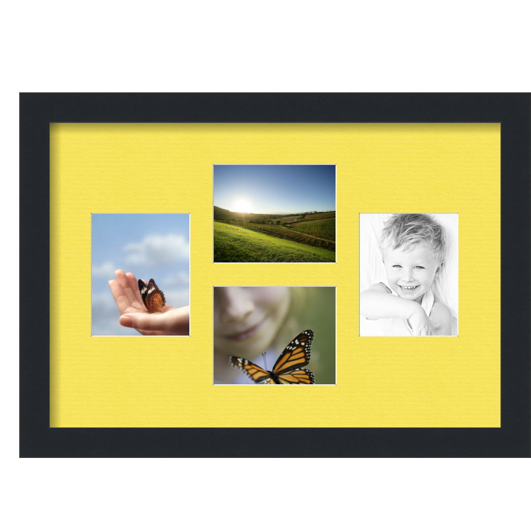 Collage Picture Frame, Satin Black Frame with 4 openings for 4x5 photos with Yellow Canary Mat. D3926GF159, ArtToframes