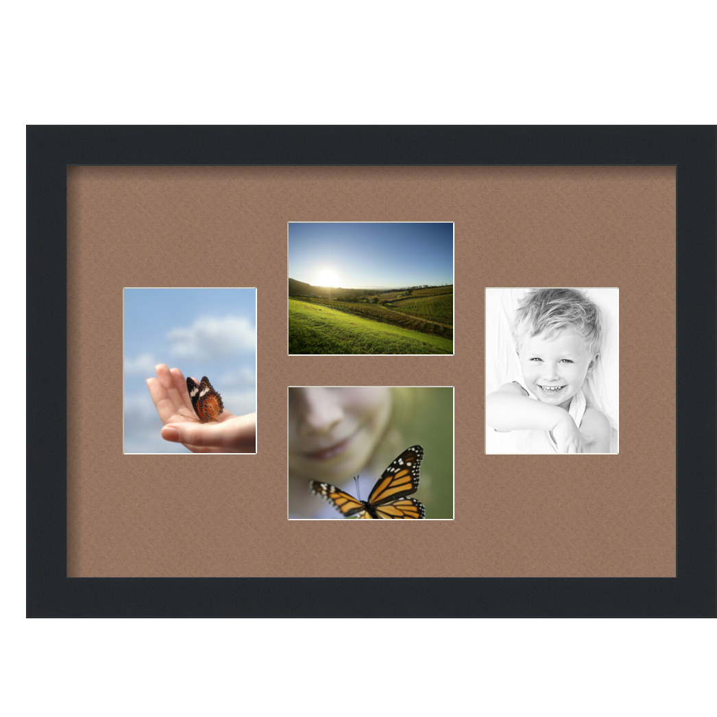 Collage Picture Frame, Satin Black Frame with 4 openings for 4x5 photos with Brown Sandpiper Mat. D3926DJ159, ArtToframes