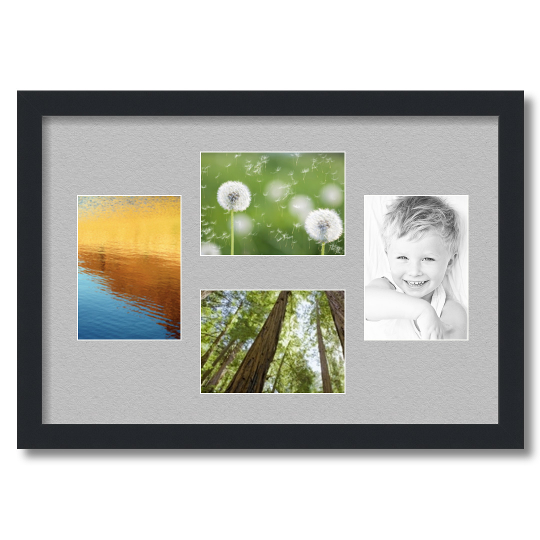 Collage Picture Frame, Satin Black Frame with 4 openings for 5x7 photos with TV Grey Mat. D3926ET161, ArtToframes