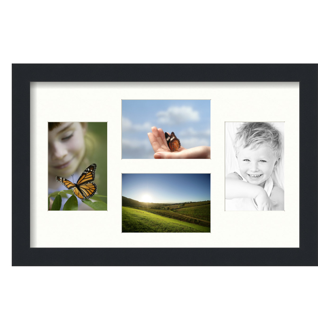 Collage Picture Frame, Satin Black Frame with 4 openings for 4x6 photos with White Porcelain Mat. D3926EL162, ArtToframes