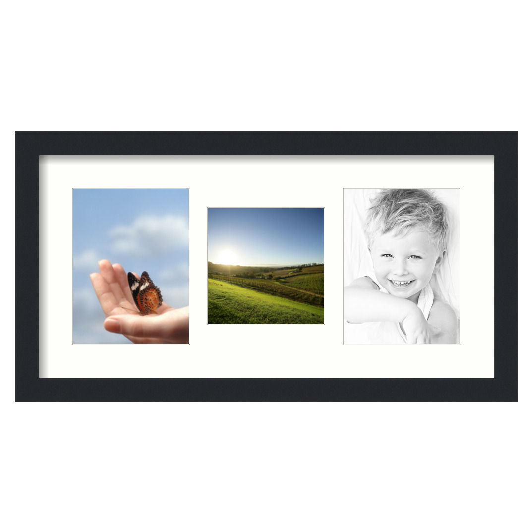 Collage Picture Frame, Satin Black Frame with 3 openings for 6x8 photos with White Light Cream Mat. D3926IJ1628, ArtToframes