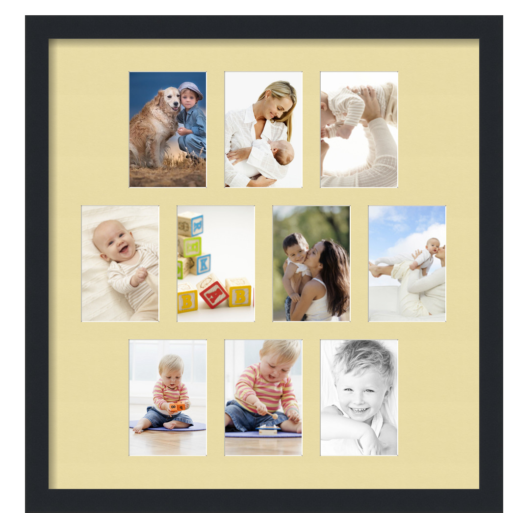 Collage Picture Frame, Satin Black Frame with 10 openings for 4x6 photos with Ivory Buttercup Mat. D3926GD163, ArtToframes