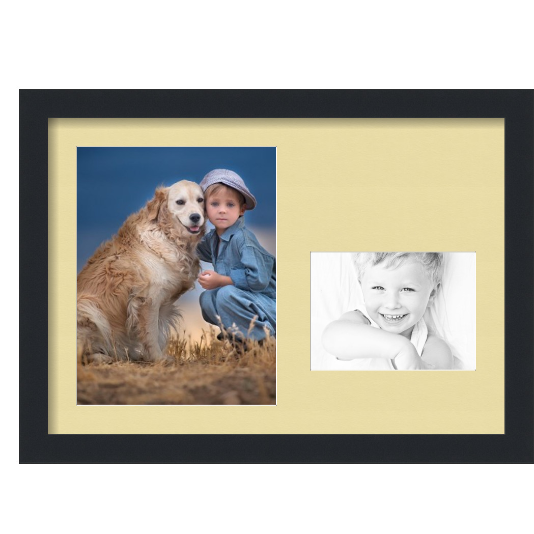 Collage Picture Frame, Satin Black Frame with 2 openings for 5x7 photos with Ivory Buttercup Mat. D3926GD164, ArtToframes