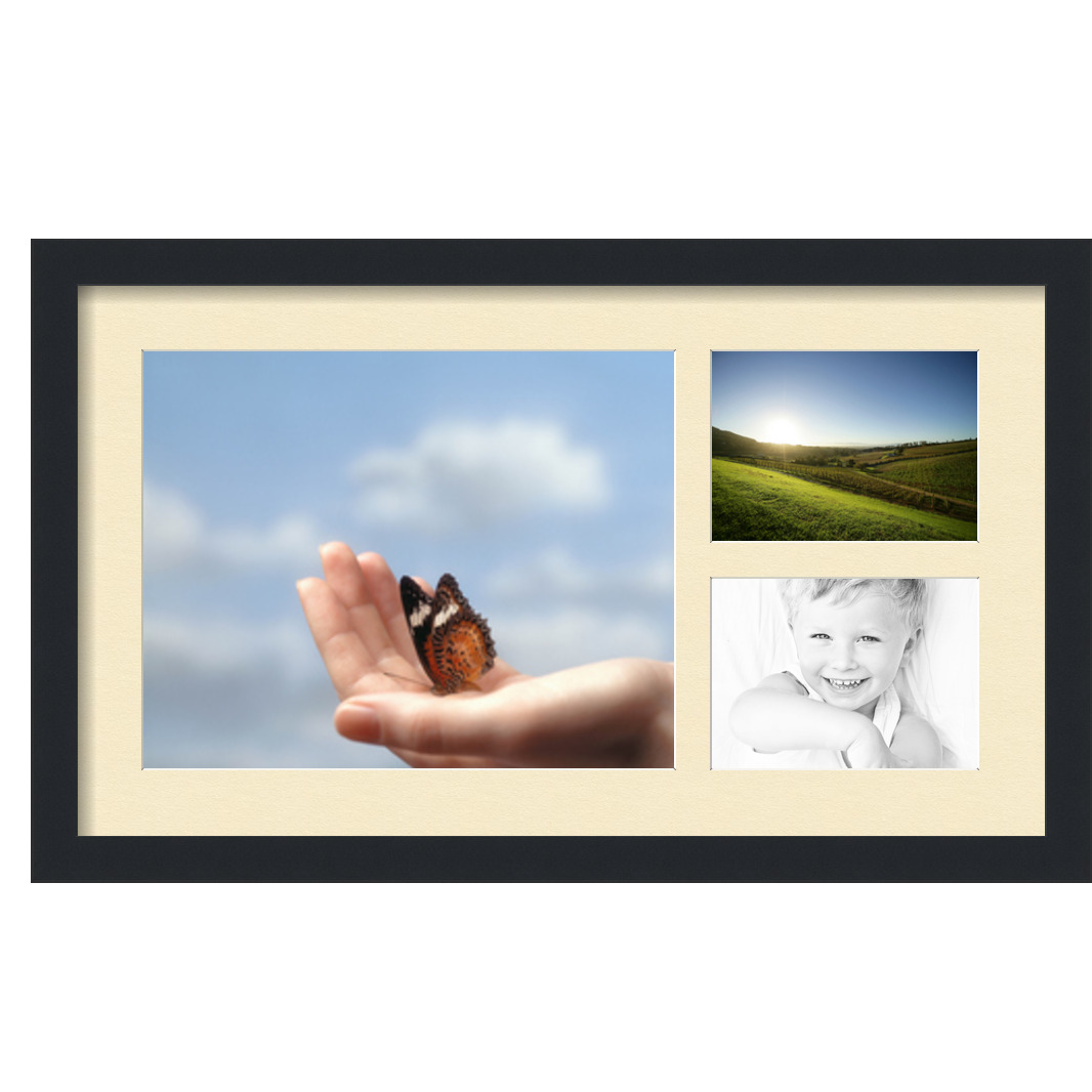 Collage Picture Frame, Satin Black Frame with 3 openings for 11x14 photos with Ivory Cream Mat. D3926GA1645, ArtToframes