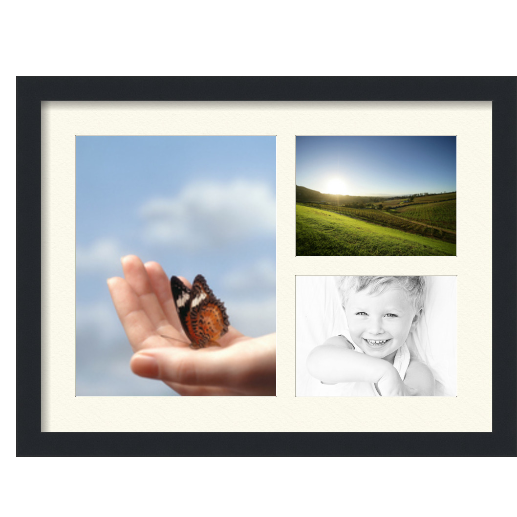 Collage Picture Frame, Satin Black Frame with 3 openings for 10x13 photos with Ivory Off White Mat. D3926FZ1649, ArtToframes