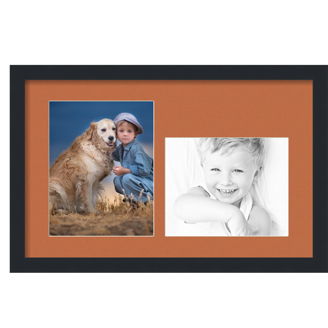 Collage Picture Frame, Satin Black Frame with 2 openings for 8x10 photos with Red Orange Mat. D3926DB165, ArtToframes