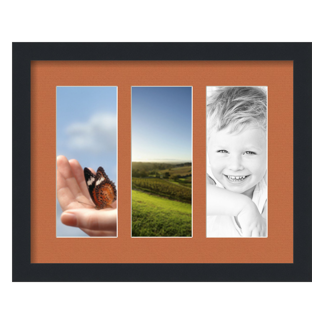 Collage Picture Frame, Satin Black Frame with 3 openings for 4x10 photos with Red Orange Mat. D3926DB1657, ArtToframes