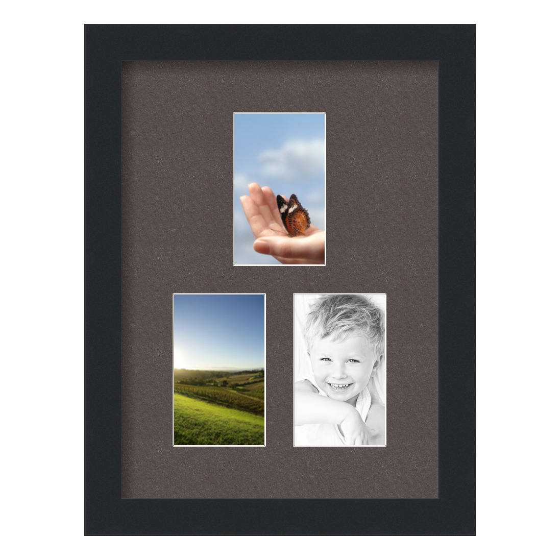 Collage Picture Frame, Satin Black Frame with 3 openings for 3x5 photos with Brown Chestnut Mat. D3926EH1662, ArtToframes