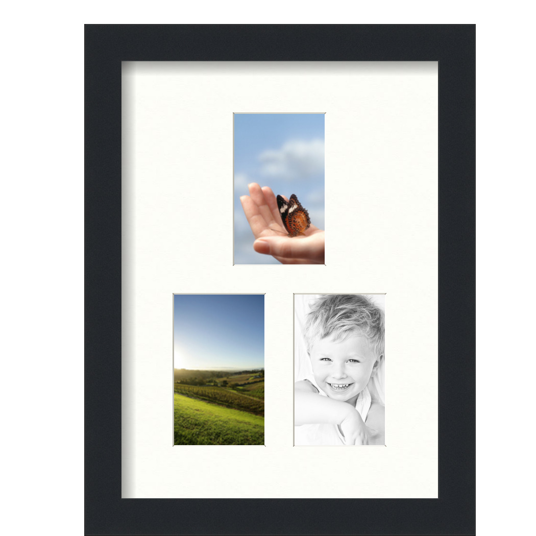 Collage Picture Frame, Satin Black Frame with 3 openings for 3x5 photos with White Porcelain Mat. D3926EL1662, ArtToframes