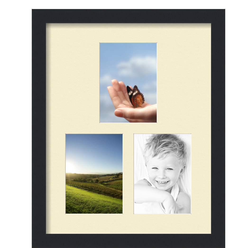 Collage Picture Frame, Satin Black Frame with 3 openings for 5x7 photos with Ivory Oyster Mat. D3926GC1666, ArtToframes