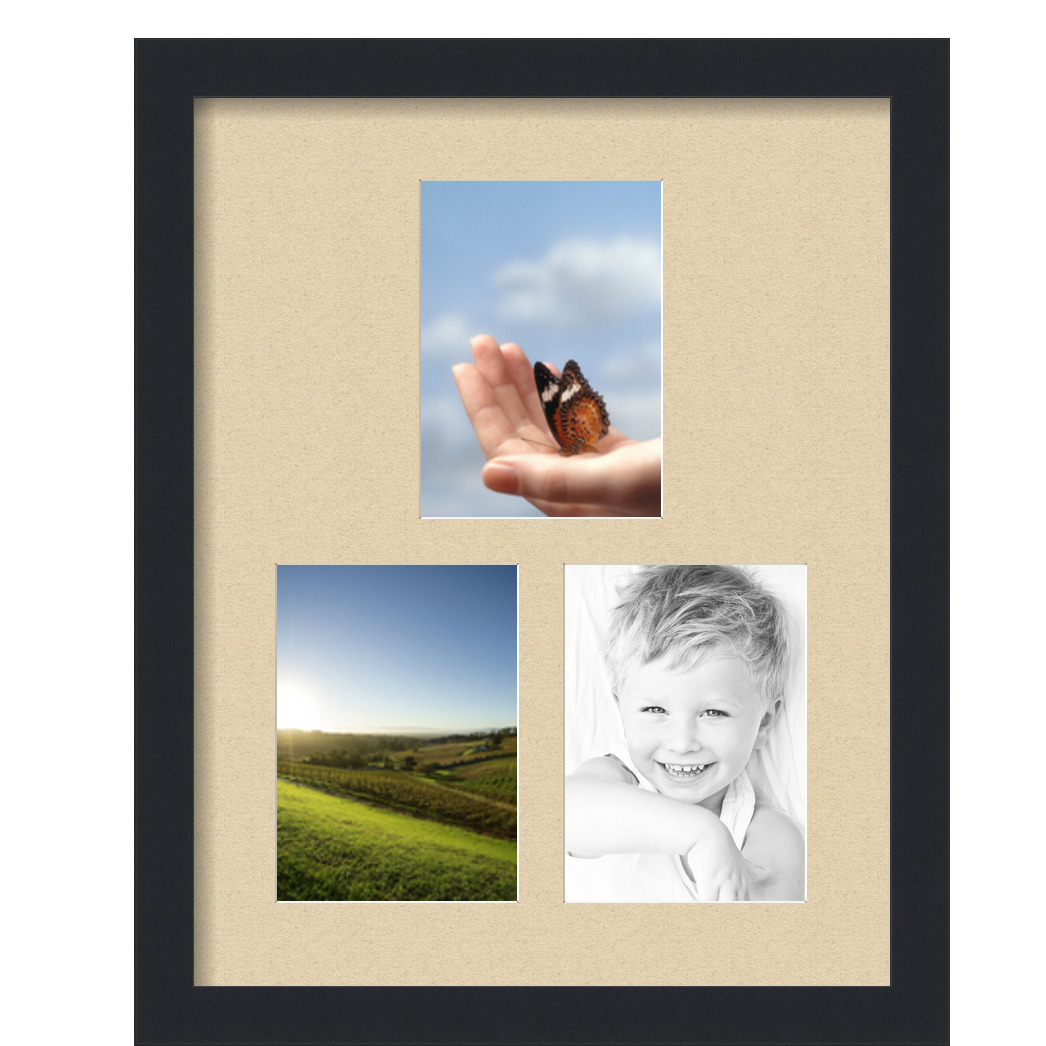Collage Picture Frame, Satin Black Frame with 3 openings for 5x7 photos with Grey Seaside Mat. D3926GH1666, ArtToframes