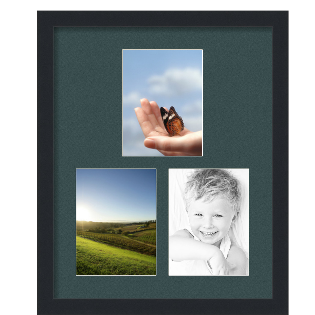 Collage Picture Frame, Satin Black Frame with 3 openings for 6x8 photos with Green Evergreen Mat. D3926HF1667, ArtToframes