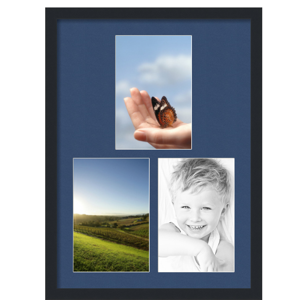 Collage Picture Frame, Satin Black Frame with 3 openings for 8x12 photos with Delft Blue Mat. D3926FI1668, ArtToframes
