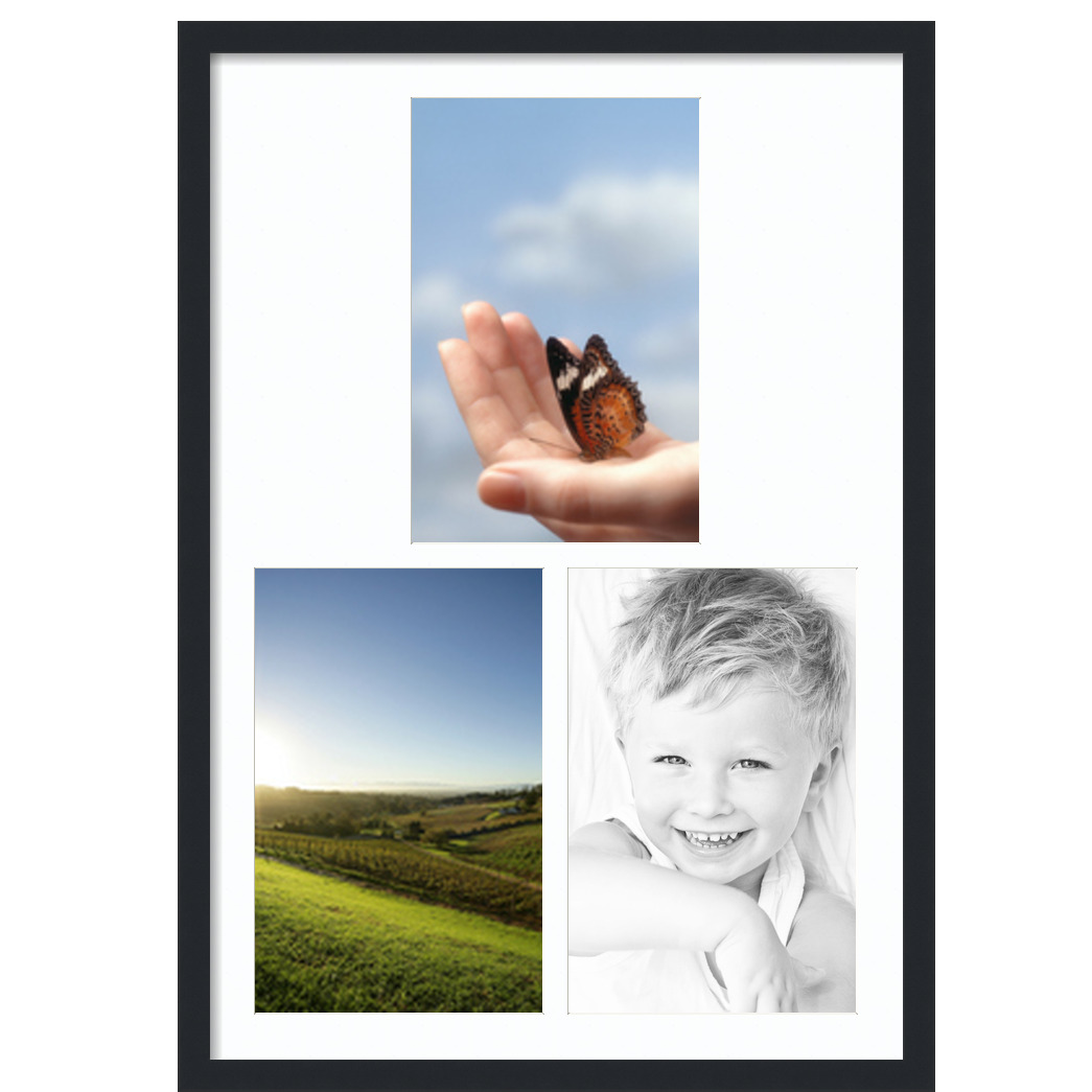 Collage Picture Frame, Satin Black Frame with 3 openings for 11x17 photos with Super White Mat. D3926T1672, ArtToframes