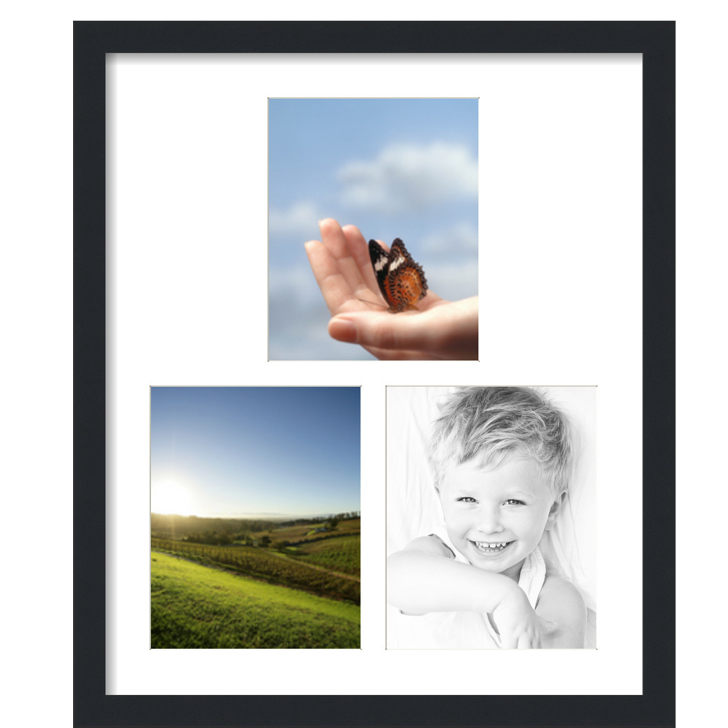 Collage Picture Frame, Satin Black Frame with 3 openings for 8x10 photos with White Crisp Mat. D3926IK172, ArtToframes