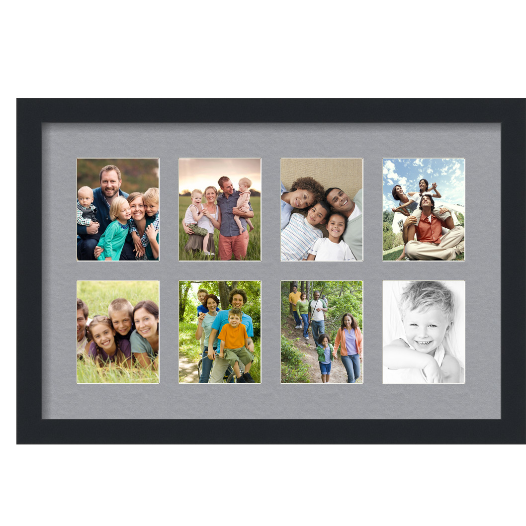 Collage Picture Frame, Satin Black Frame with 8 openings for 4x5 photos with Silver Mat. D3926HR175, ArtToframes