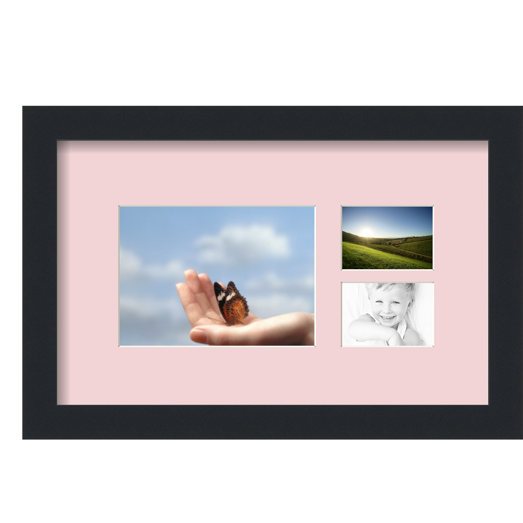 Collage Picture Frame, Satin Black Frame with 3 openings for 5x7 photos with Pink Hollyhock Mat. D3926HS184, ArtToframes