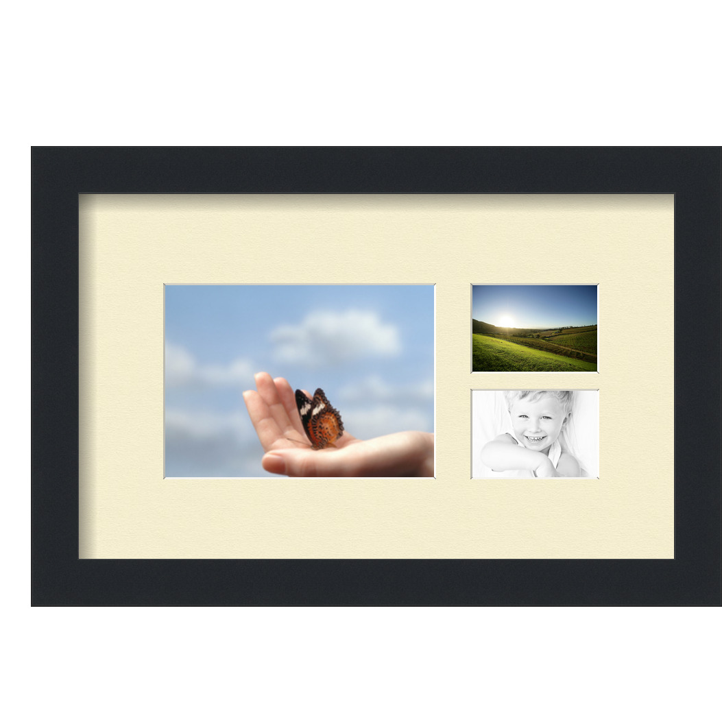 Collage Picture Frame, Satin Black Frame with 3 openings for 5x7 photos with Ivory Oyster Mat. D3926GC184, ArtToframes