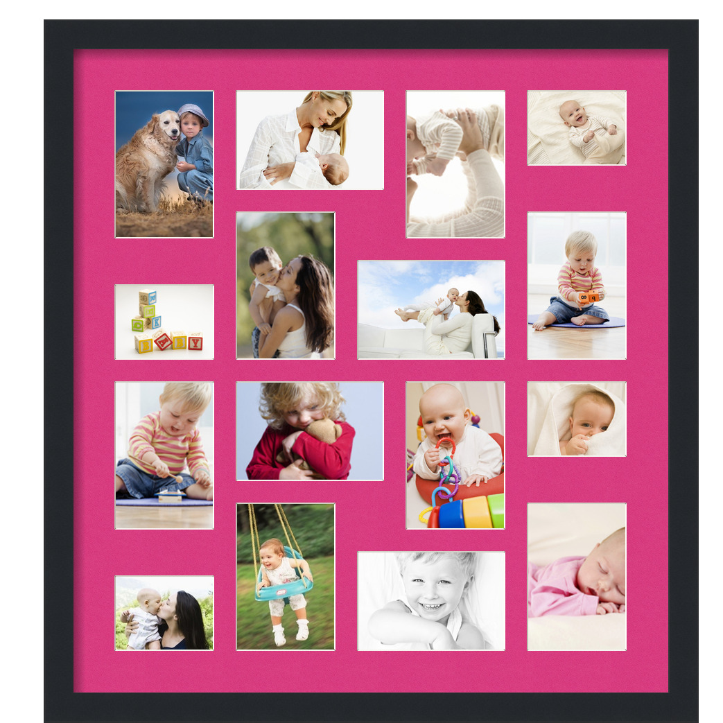 Collage Picture Frame, Satin Black Frame with 16 openings for 4x6 photos with Pink Tulip Mat. D3926CR187, ArtToframes