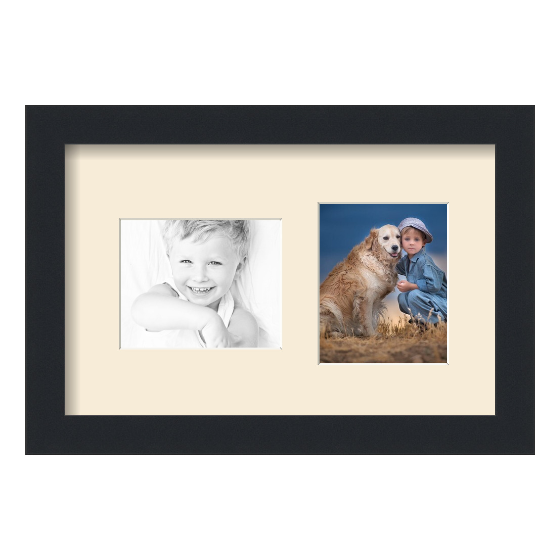 Collage Picture Frame, Satin Black Frame with 2 openings for 4x5 photos with White Ivory Mat. D3926FY191, ArtToframes