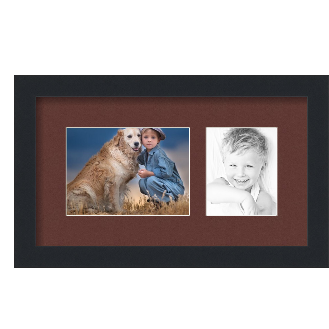 Collage Picture Frame, Satin Black Frame with 2 openings for 5x7 photos with Red Maroon Mat. D3926IH199, ArtToframes