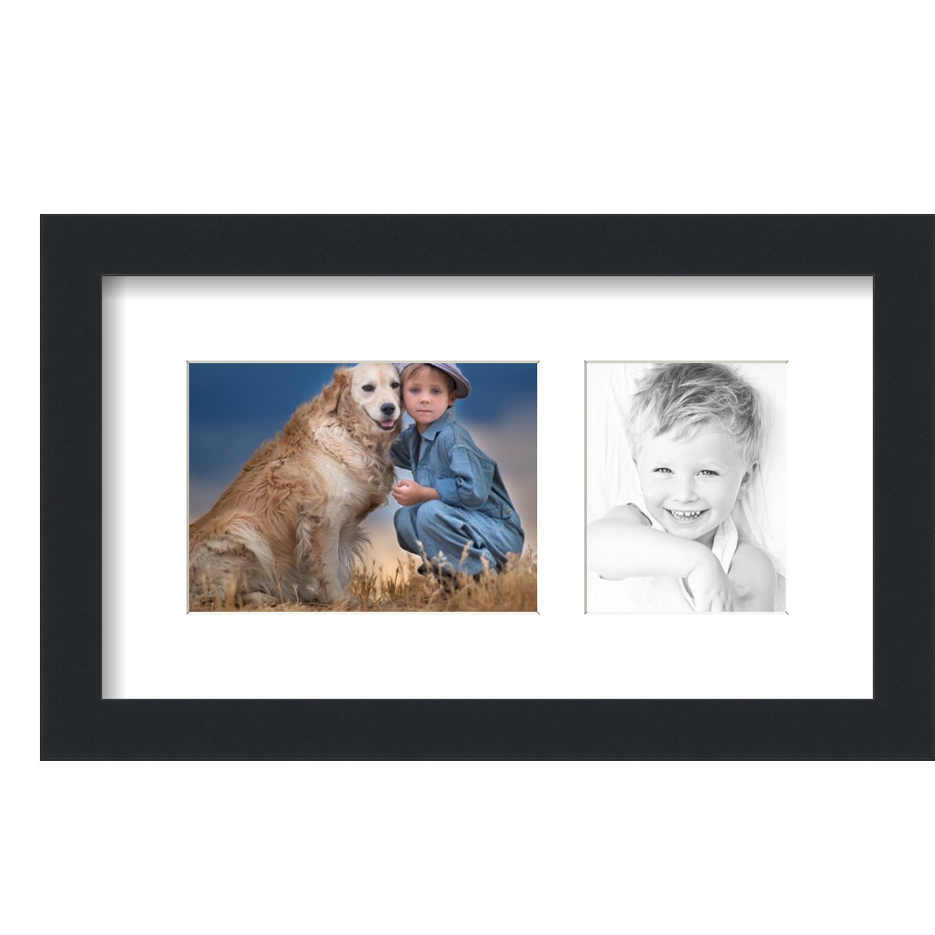 Collage Picture Frame, Satin Black Frame with 2 openings for 5x7 photos with White Crisp Mat. D3926IK199, ArtToframes