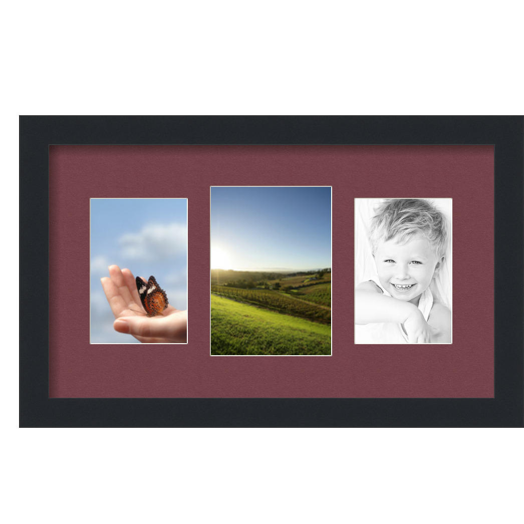 "Collage Picture Frame, Satin Black Frame with 3 openings for 5x7 photos with Red Maple Leaf Mat. D3926CV201, ArtToframes"