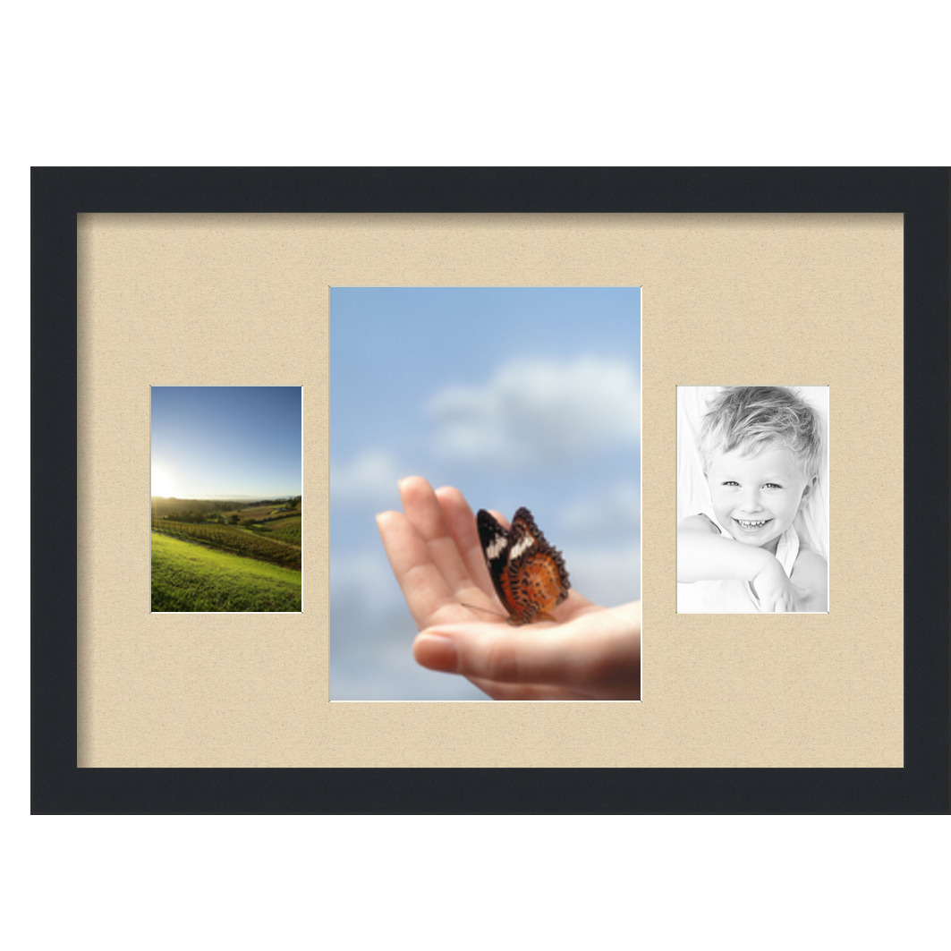 Collage Picture Frame, Satin Black Frame with 3 openings for 4x6 photos with Grey Seaside Mat. D3926GH202, ArtToframes