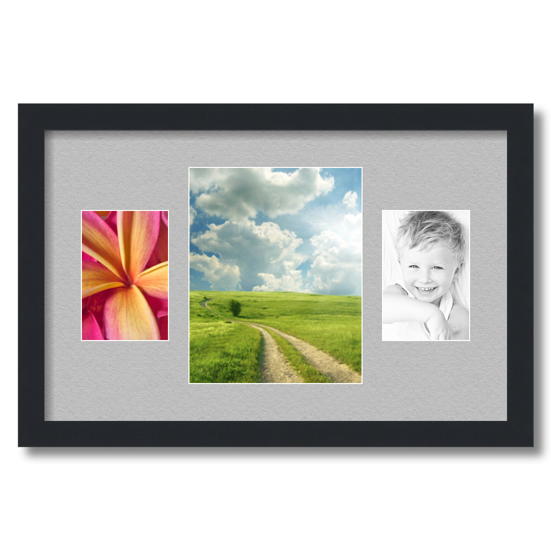 Collage Picture Frame, Satin Black Frame with 3 openings for 8x10 photos with TV Grey Mat. D3926ET203, ArtToframes