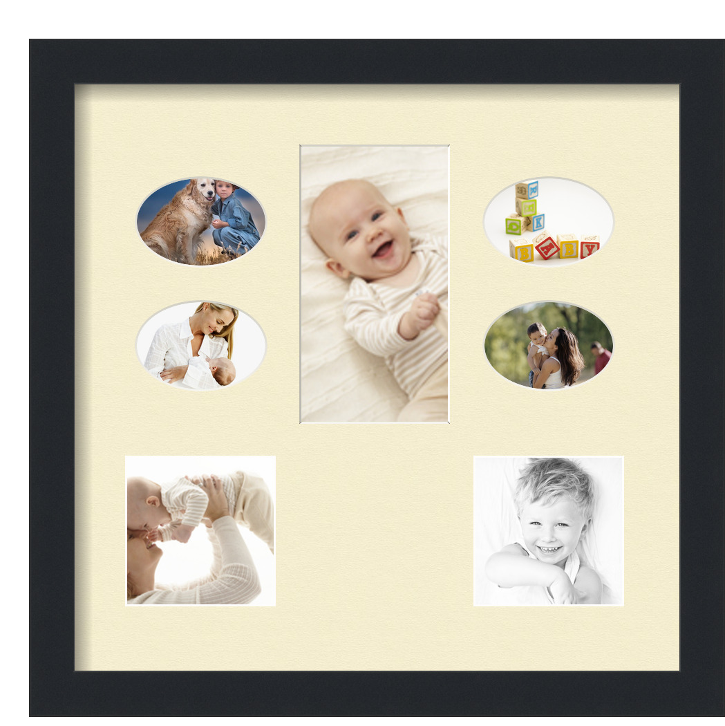 Collage Picture Frame, Satin Black Frame with 7 openings for 4x7.5 photos with Ivory Oyster Mat. D3926GC2043, ArtToframes