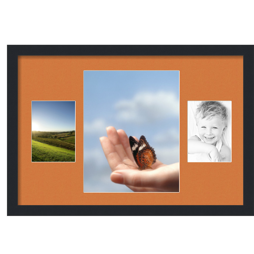 Collage Picture Frame, Satin Black Frame with 3 openings for 11x14 photos with Orange Octoberfest Mat. D3926DP206, ArtToframes