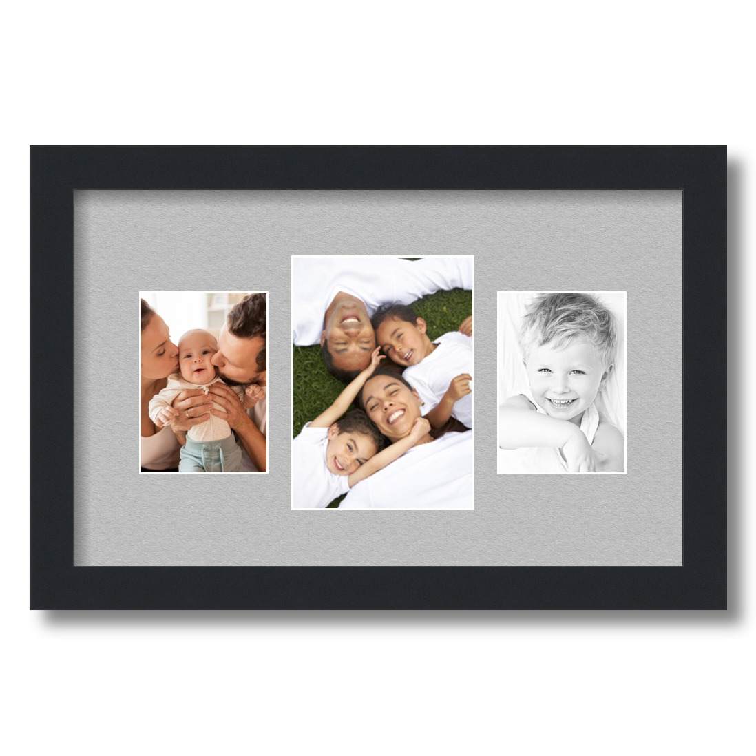 Collage Picture Frame, Satin Black Frame with 3 openings for 5x7 photos with TV Grey Mat. D3926ET208, ArtToframes