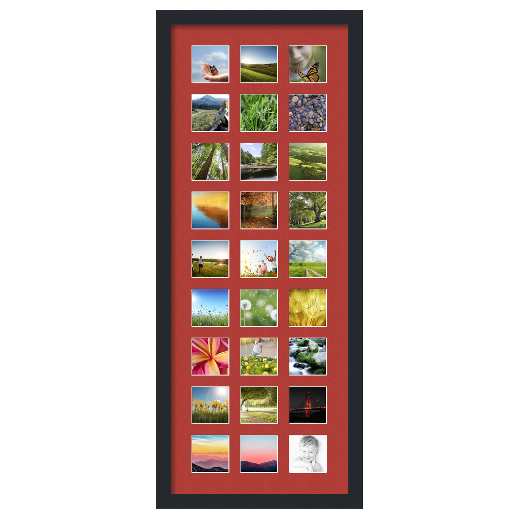 Collage Picture Frame, Satin Black Frame with 27 openings for 3x3 photos with Deep Red Mat. D3926II2082, ArtToframes