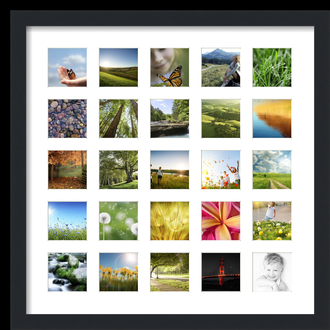 Collage Picture Frame, Satin Black Frame with 25 openings for 3x3 photos with White Crisp Mat. D3926IK2093, ArtToframes
